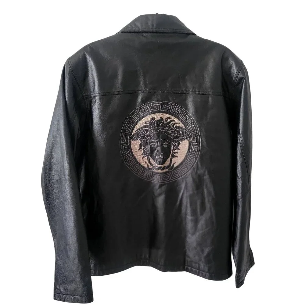 Men's Black Leather Jacket Outwear Stylish Embroidery Front & Back -M‎ - Picture 2 of 10